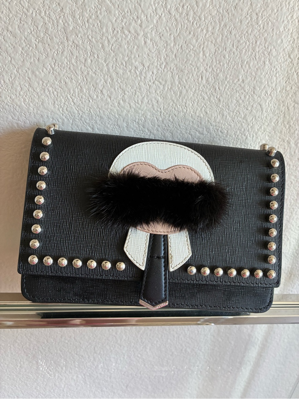 Fendi Karlito Studded Wallet on Chain / Clutch with Black Fur - Picture 2 of 16